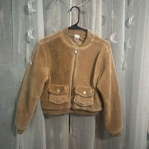 brown cropped teddy jacket with pockets
